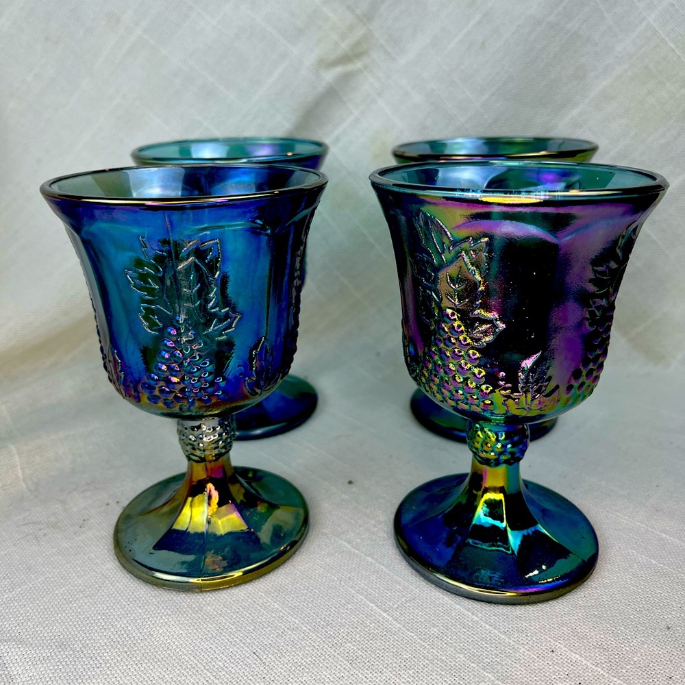 Indiana Blue Carnival Glass Goblets in Original Box - set of 4 and Box